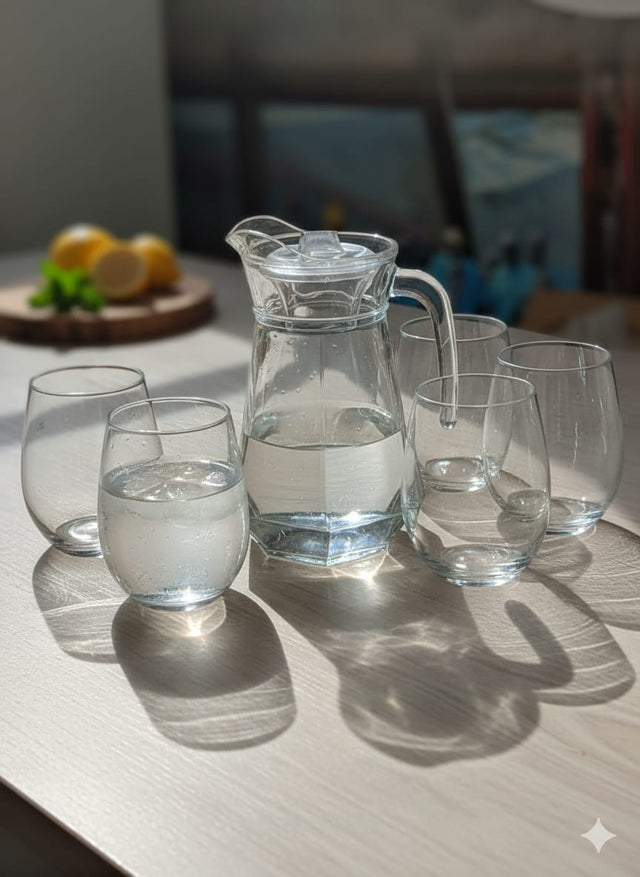 Diamond jug +6pc hot water glass