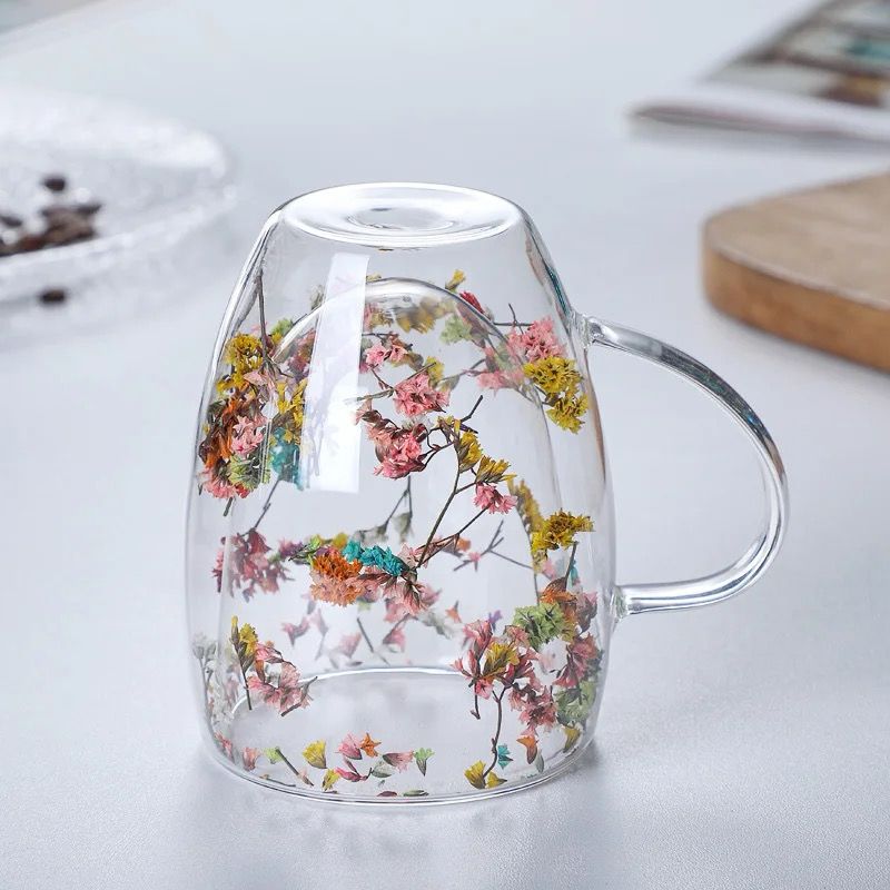 insulated Double Wall Glass Cup Dried Flower Coffee Cup with Handle Household Hot