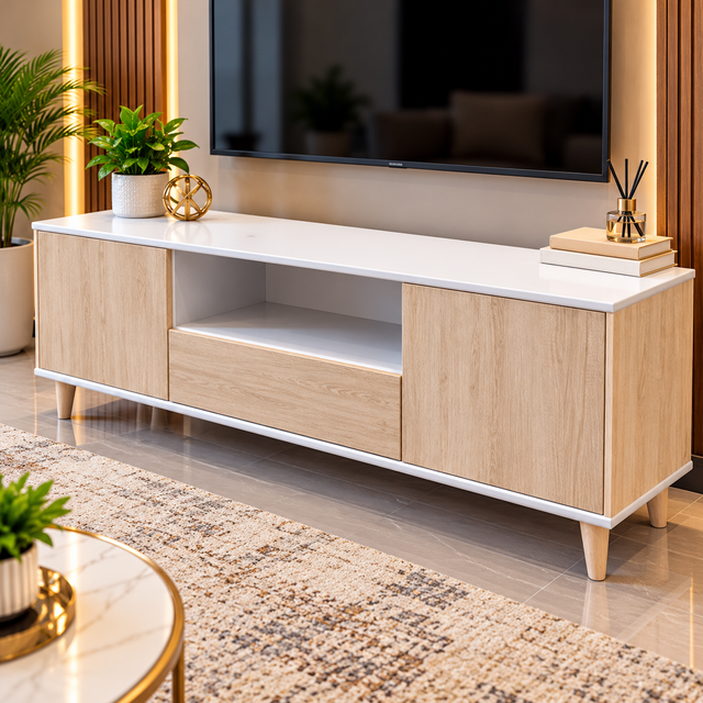 Warm Oak Solid Wood TV Stand with Four Door Cabinet and Tapered Legs — 6 ft