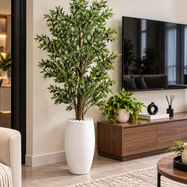 Large Artificial Olive Tree with Realistic Leaves and Fruits in Tall White Textured Planter — 2.5 Metres