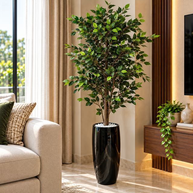 Large Artificial Green Ficus Tree with Lush Dark Leaves in Tall Glossy Black Planter — 2.4 Metres