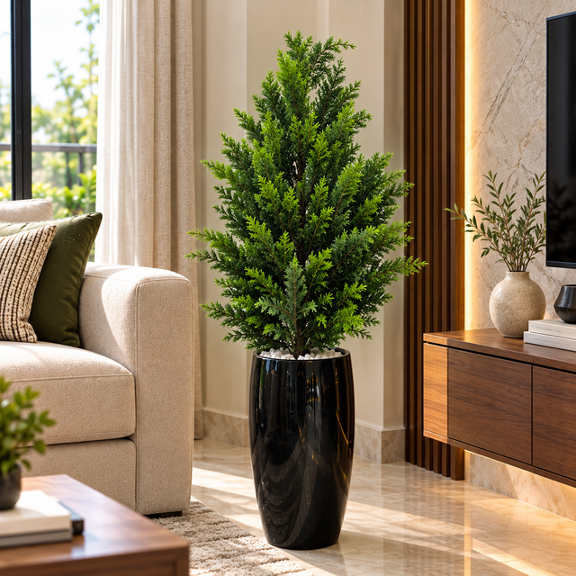 Artificial Cypress Tree with Lush Evergreen Foliage in Tall Glossy Black Planter — 150 cm