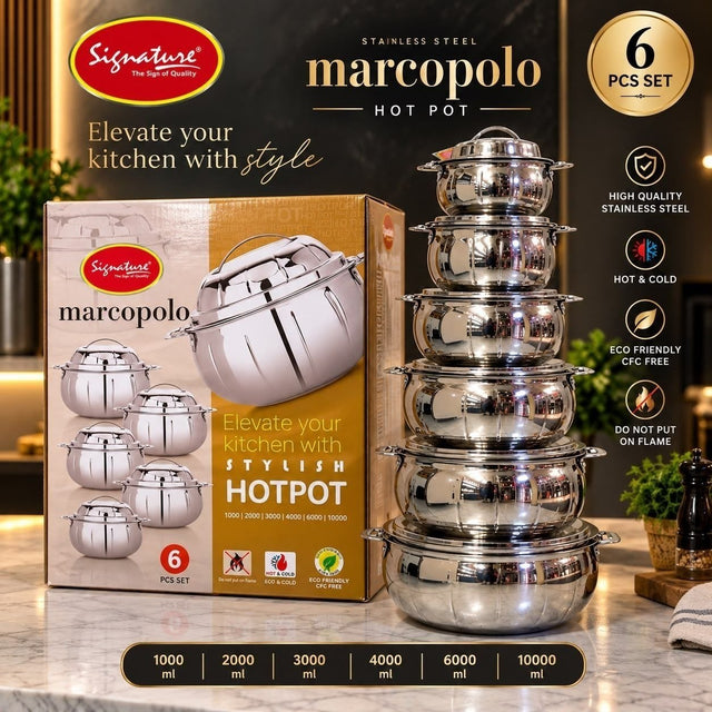 Signature Marcopolo Stainless Steel Hotpot Set, 1L to 10L — 6 Pieces