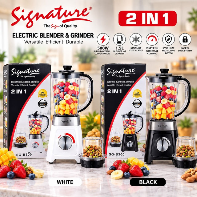 Signature 2 in 1 Electric Blender with Grinder, 500W Copper Motor and 1.5L Jar