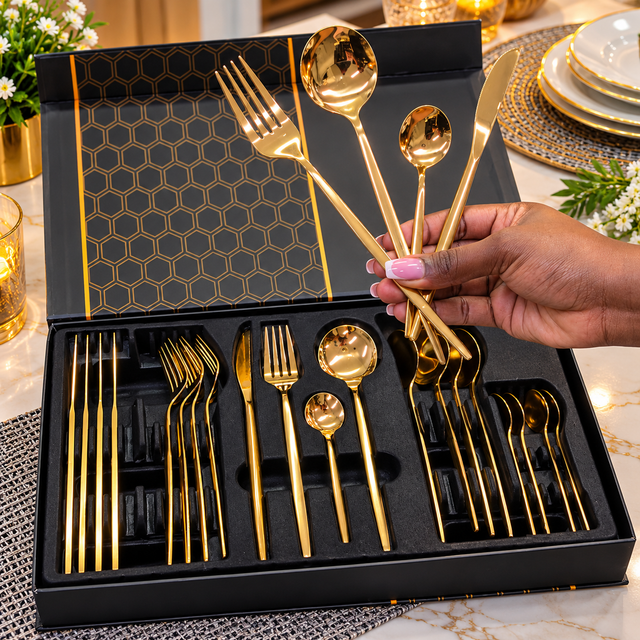 Gold Cutlery Set in Luxury Black Gift Box with Knives, Forks and Spoons — 24 Pieces