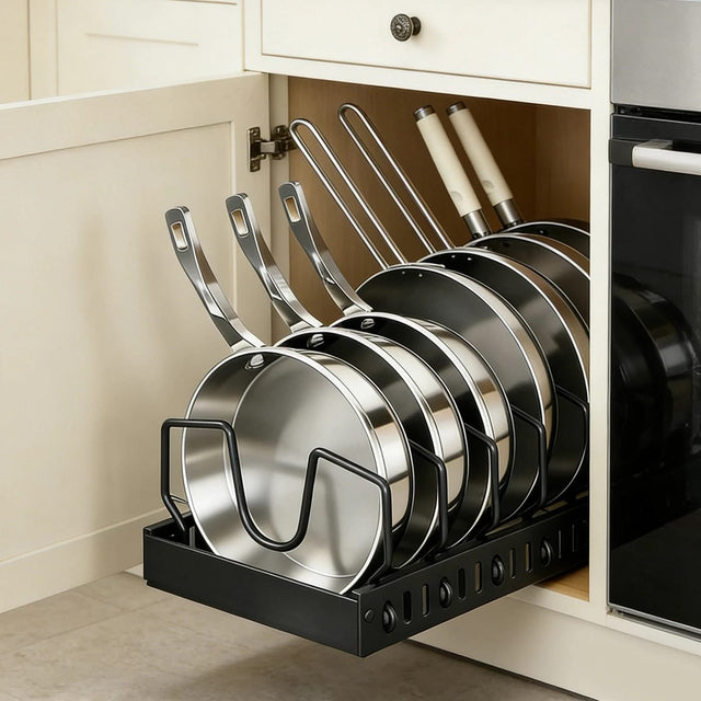 Pot and pan organiser black metal pull out rack with telescopic sliding base — iDecorators Kenya