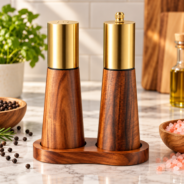 GOLD Salt and pepper grinder set wood with metallic top on wooden stand — iDecorators Kenya