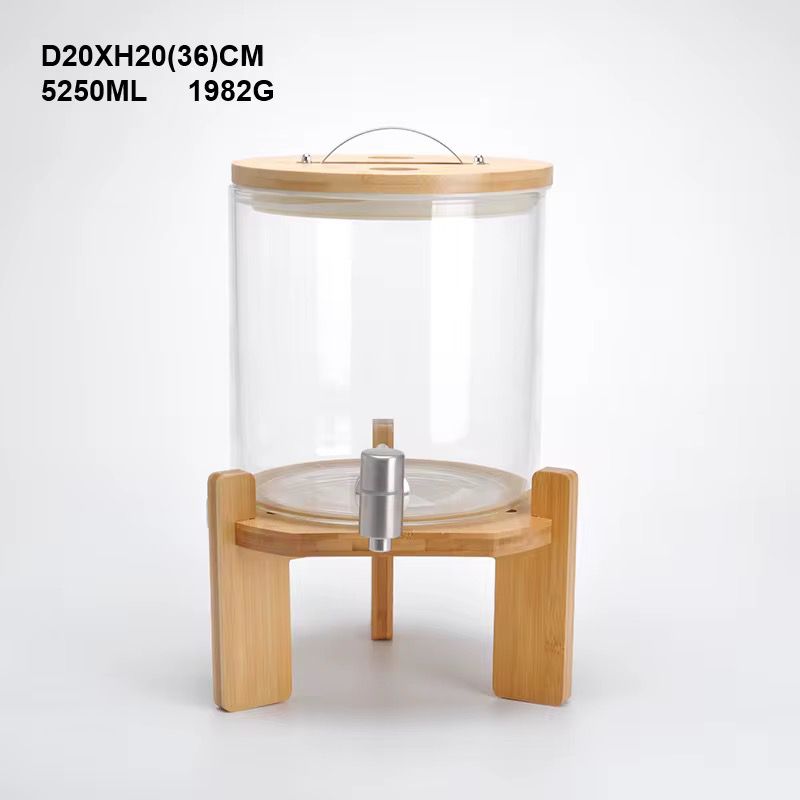 Borosilicate glass drink dispenser with faucet and bamboo stand