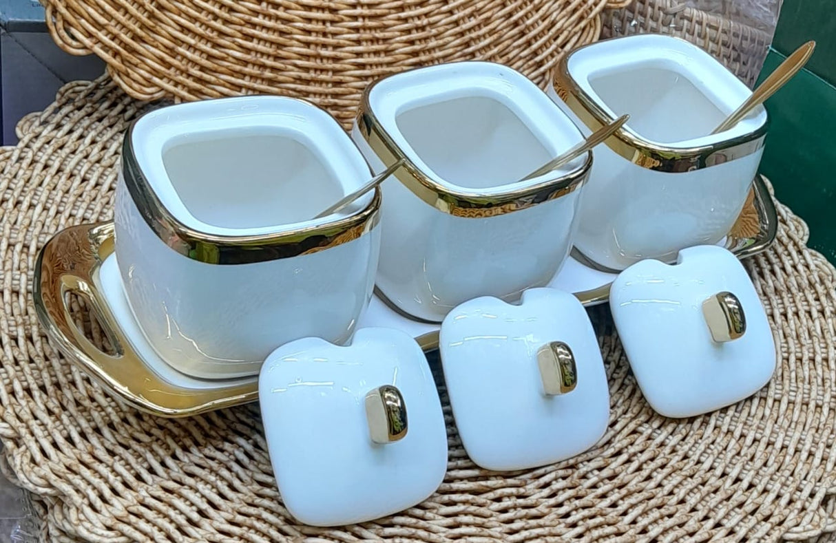 3pc ceremic canister set with tray and teaspoon