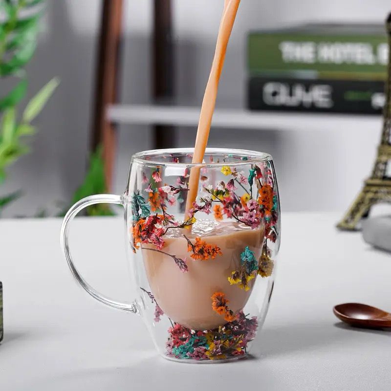 insulated Double Wall Glass Cup Dried Flower Coffee Cup with Handle Household Hot