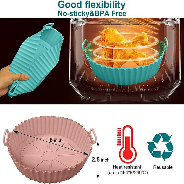 Silicone air fryer liners in pink and blue colors, shown with dimensions and a heat resistant feature. The image also depicts a graphic illustration of the liner's use in an air fryer with a chicken dish.