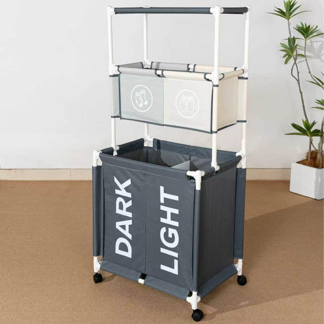 3-Tier Rolling Laundry Hamper with Storage Shelves pes