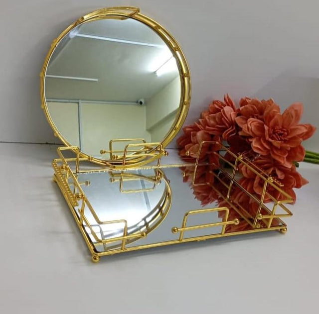 Round and Rectangular mirror tray with golden handles
