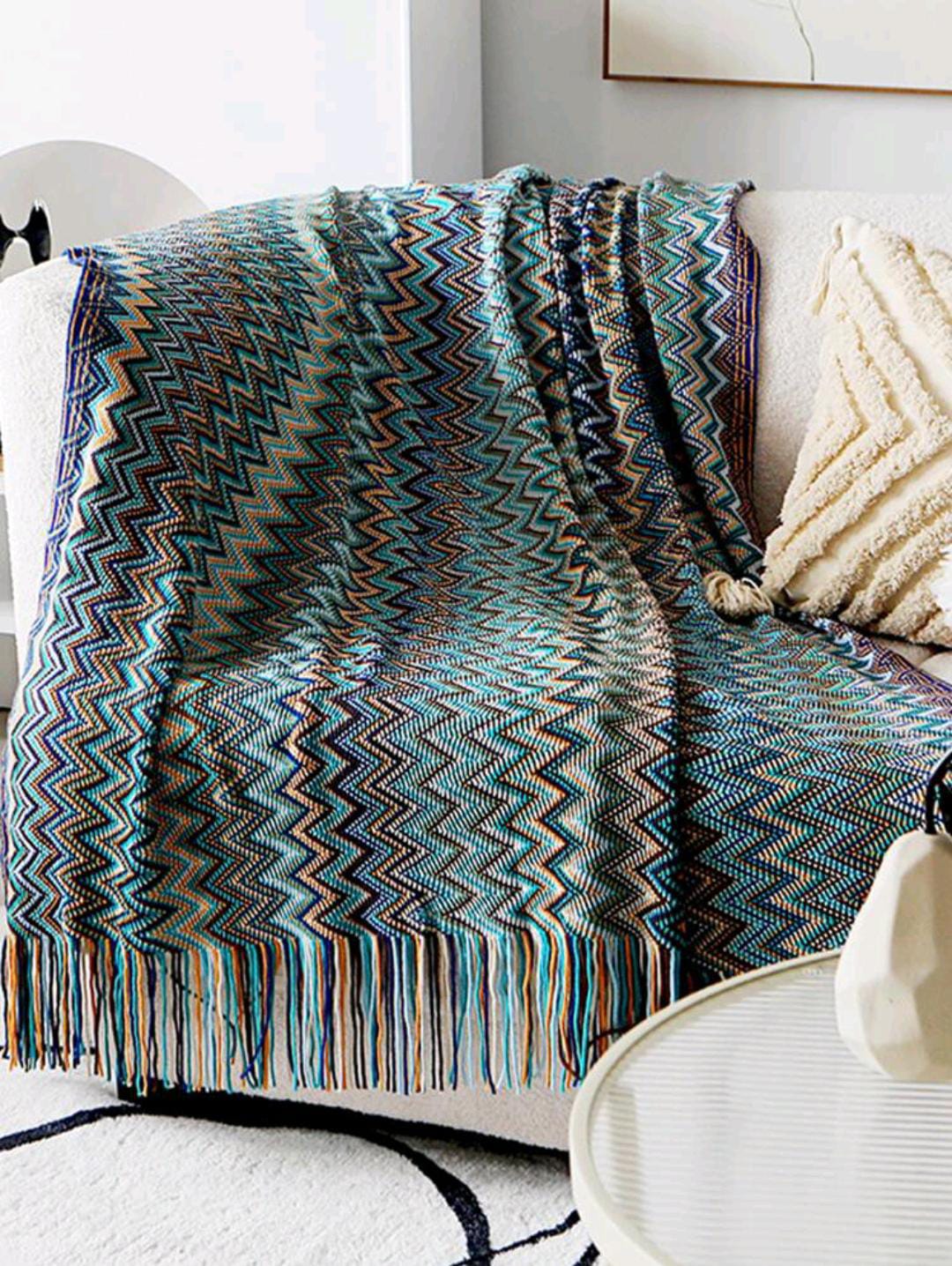 Bohemian Knitted Throw Blanket With Tassel