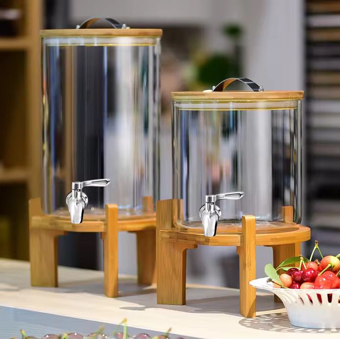 Borosilicate glass drink dispenser with faucet and bamboo stand