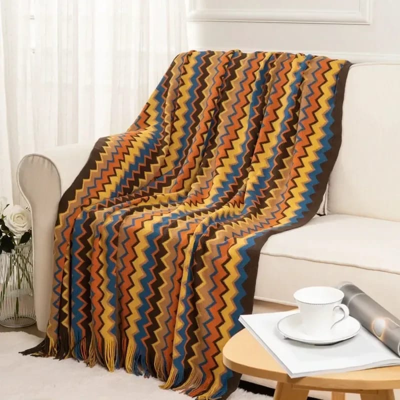 Bohemian Knitted Throw Blanket With Tassel