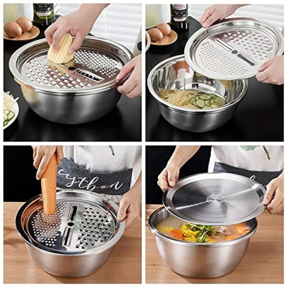 4-Piece 26cm Stainless Steel Mixing Bowl & Colander Set with Lids (304 Grade)