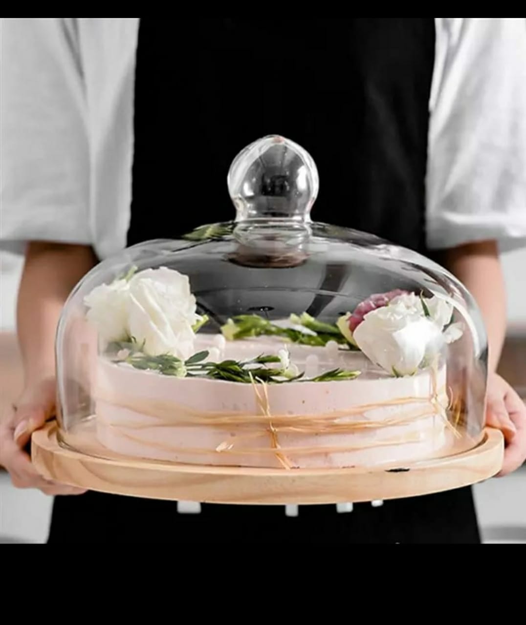 Large size glass cake cover with wooden holder.