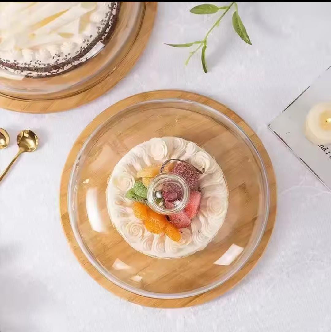 Dome Shape Glass Cake Cover with Bamboo Base 28 cm