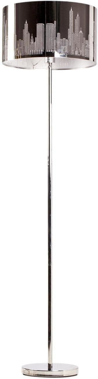 Chrome Floor Lamp with City Skyline Cutout Drum Shade