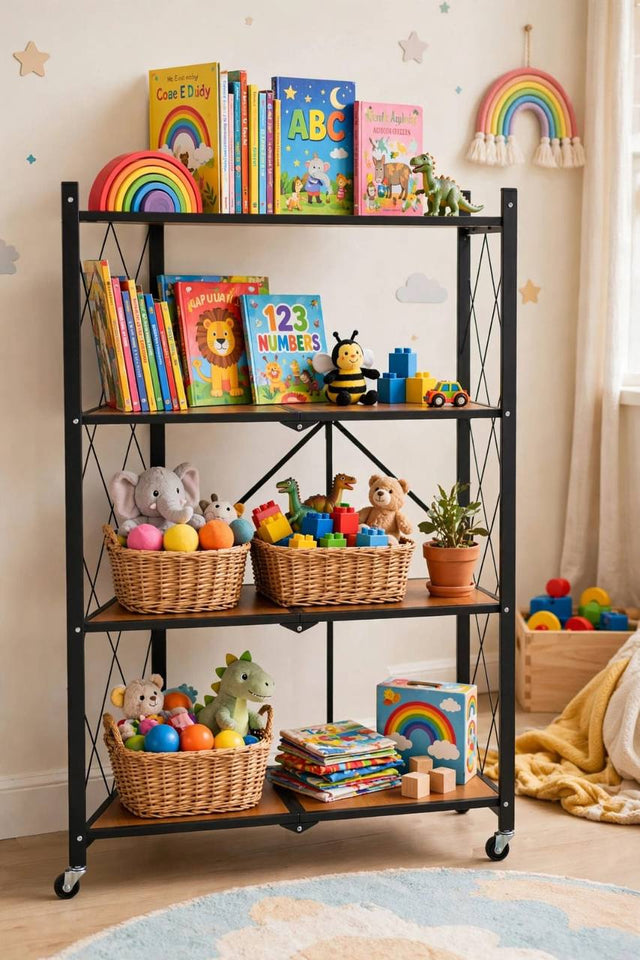 4 Tier Foldable Storage Rack with Wheels, Black Steel Frame, Oak Finish Shelves, No Assembly, 73 x 34 x 126cm