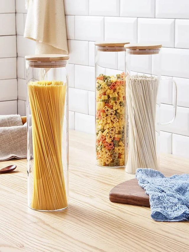 Glass Spaghetti Jar with Bamboo lid and Handle