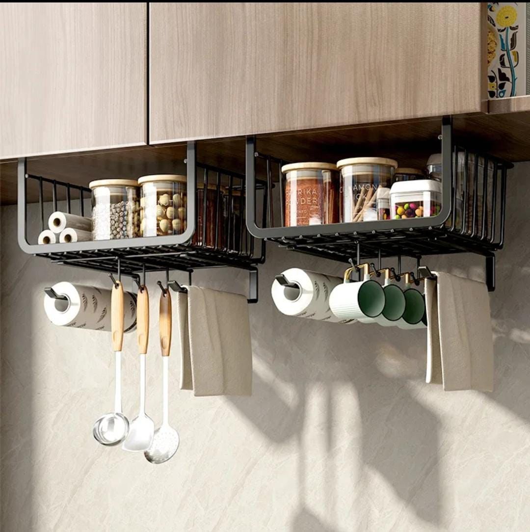 Metallic under shelf rack with hooks