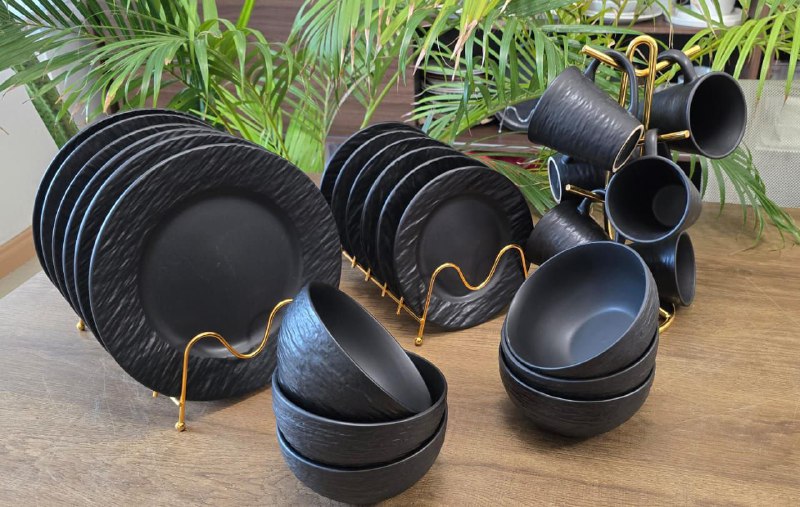 Luxury Black Stoneware Dinner Set with Gold Racks – Complete Tableware Collection,plates,bowls,sideplate,cups