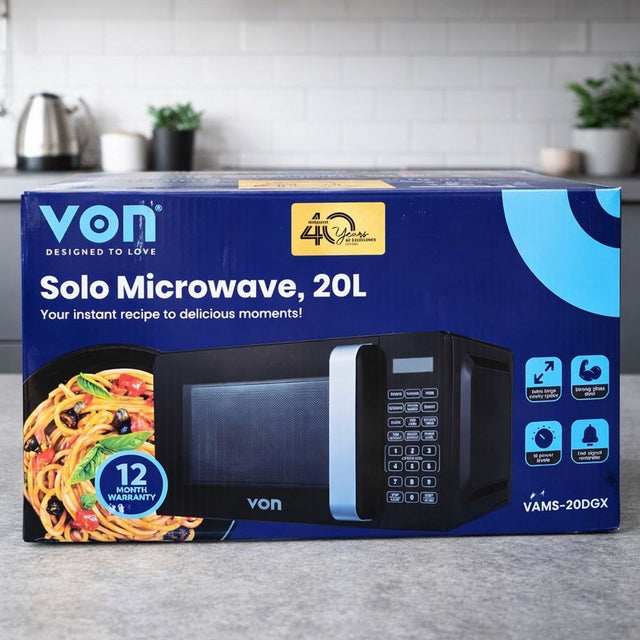 Compact and efficient 20-liter solo microwave designed for everyday cooking, reheating, and defrosting. Features easy-to-use digital controls, multiple power levels, and a spacious interior, making it perfect for modern kitchens while delivering fast and consistent heating performance.