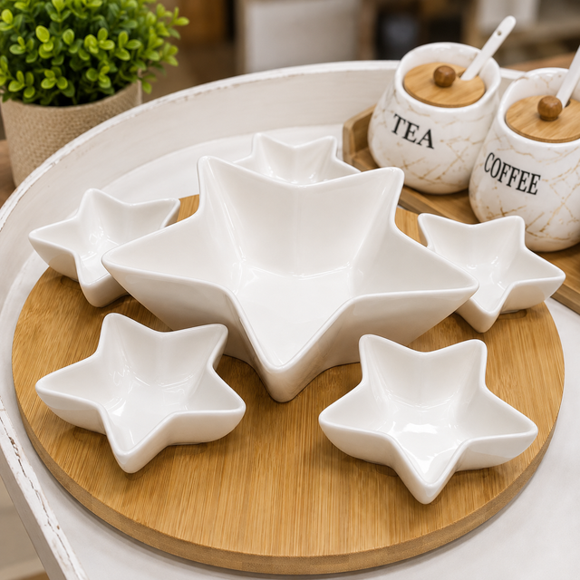6-Piece Ceramic Star Serving Bowl Set with Bamboo Tray