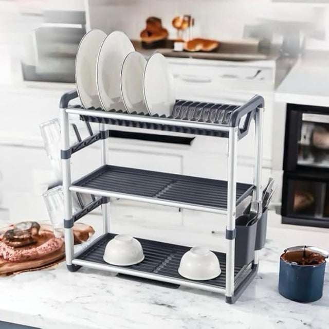 Aluminium Dish Drying Rack Multifunctional Dish Rack, Large Capacity Dish Drainer for Kitchen Counter, Rustproof Dish Drying Rack with Cutlery & Cup Holders (3 TIER)