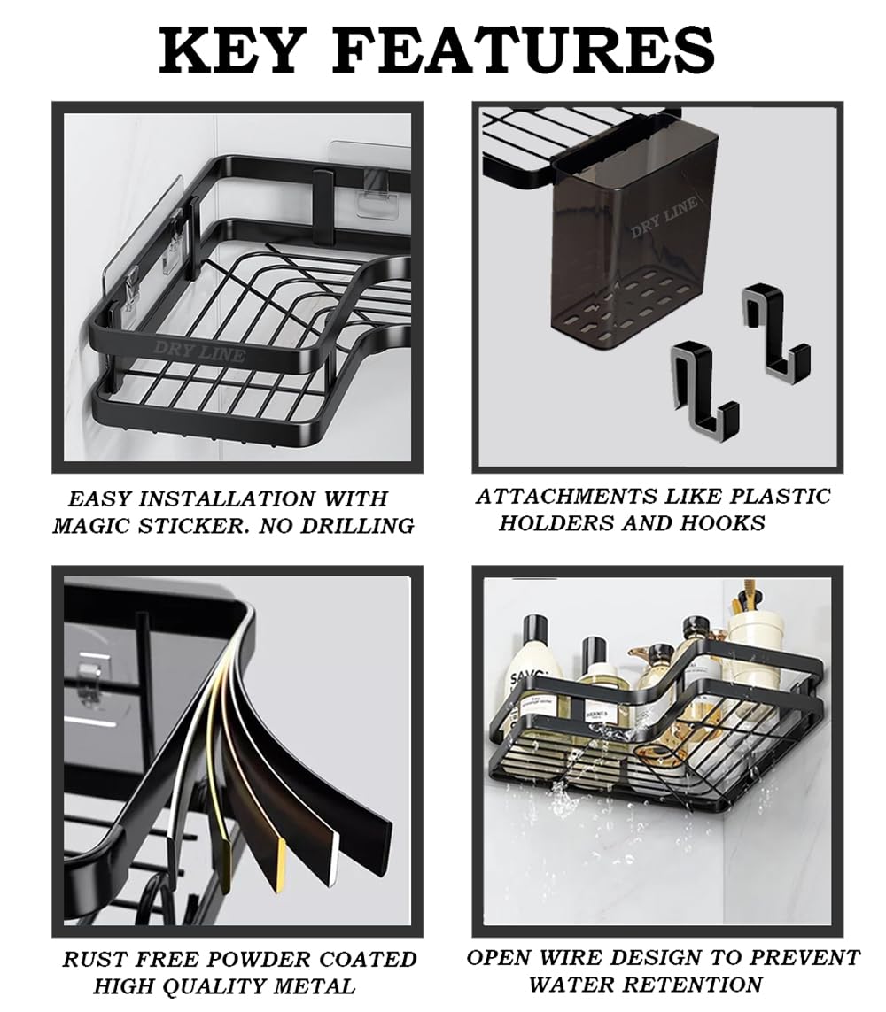 Corner Shower Caddy Organizer Shelf Pack Adhesive Shower Corner Organizer Shelves, No Drilling Stainless Steel Shower Storage Rack for Bathroom Kitchen