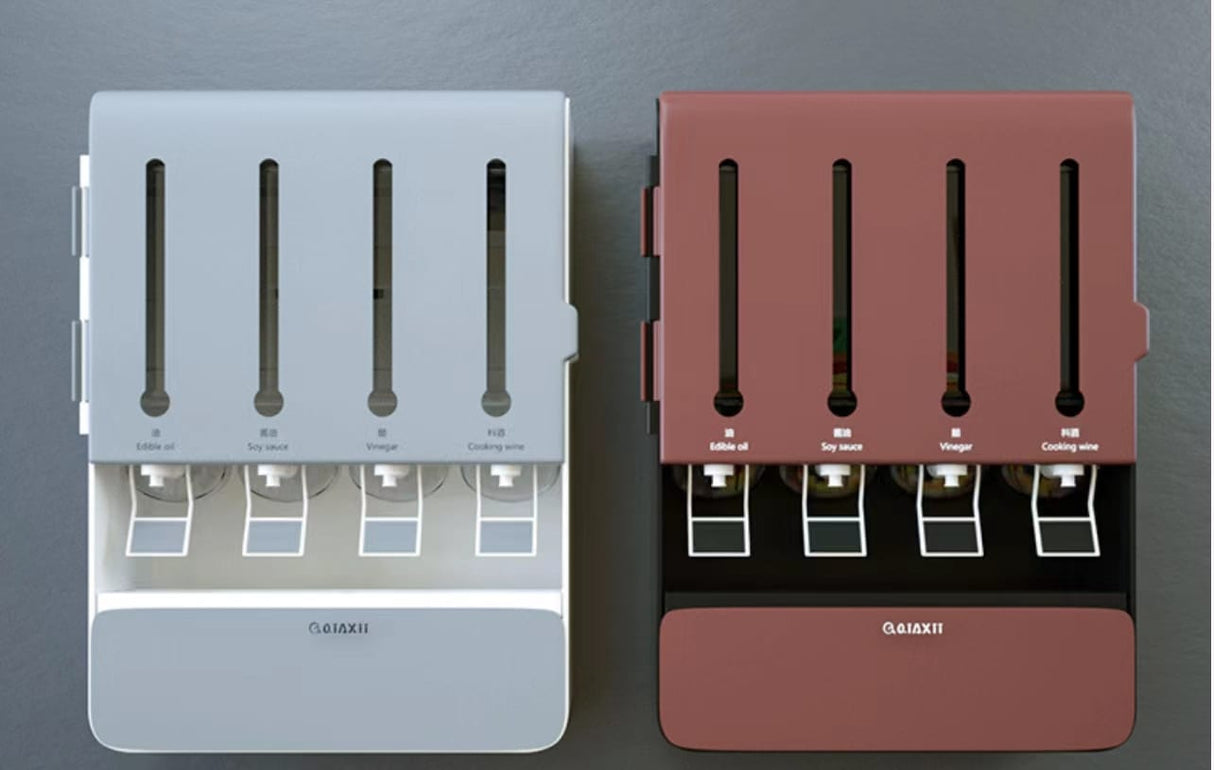 Multipurpose 4-Way Liquid Dispenser with 4 Spice Holders + Spoons