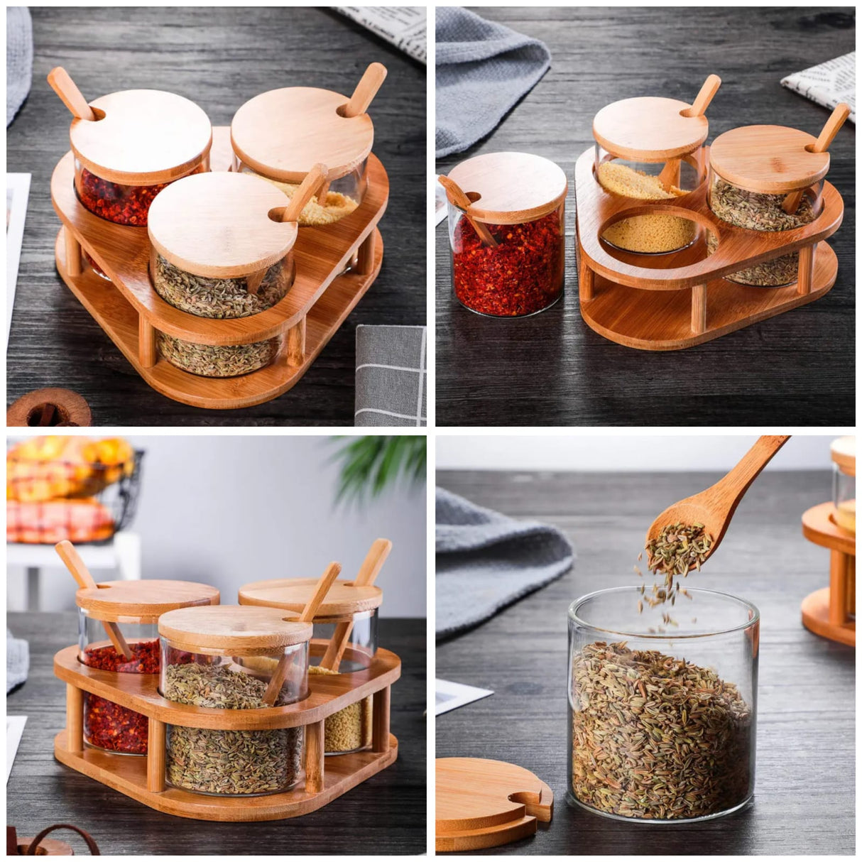 Glass Spice Containers with Bamboo Holder – 3pcs Set