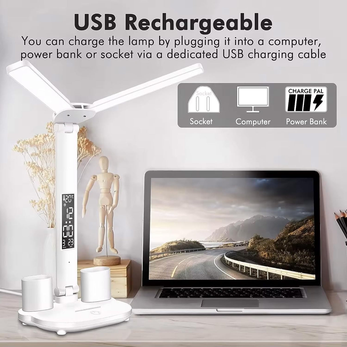 LED Desk Lamp with Dual Heads with pen holder