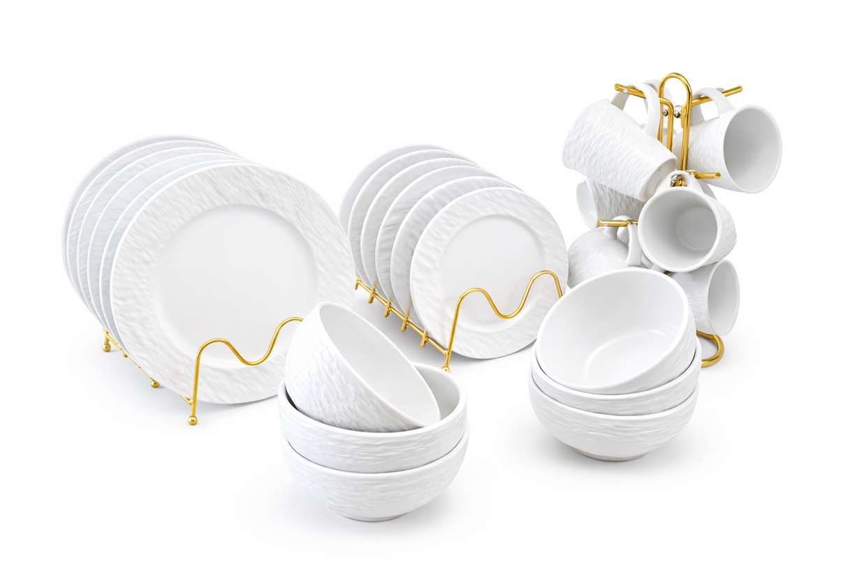 Luxury White Textured Ceramic Dinner Set with Gold Racks & Mug Stand – Complete Dining Collection
