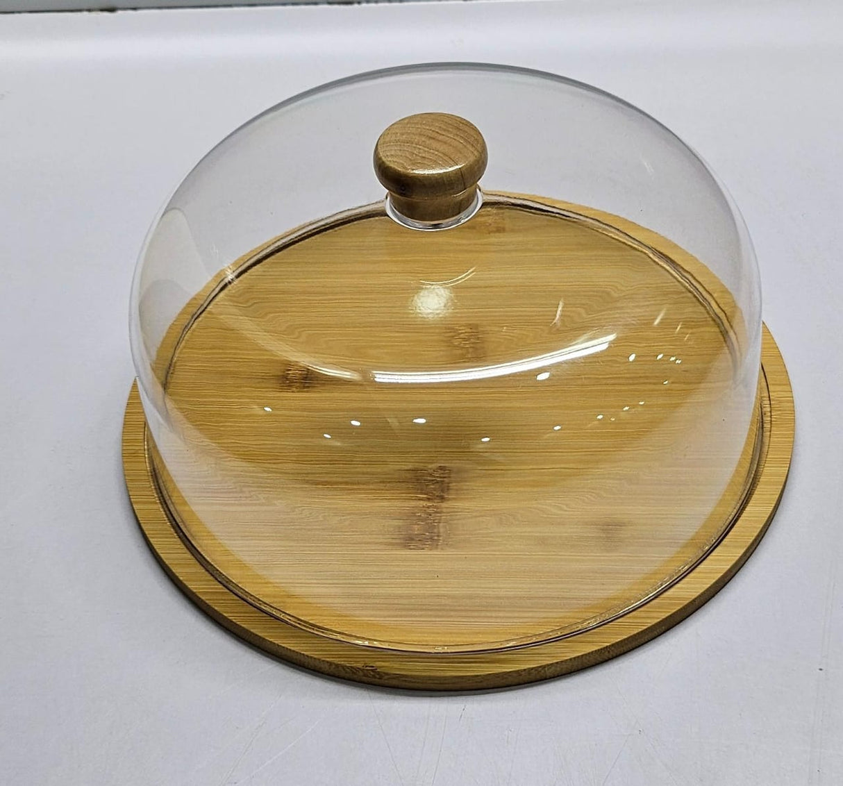 High quality bamboo base cake/fruit stand with high quality aclyric top dome cover