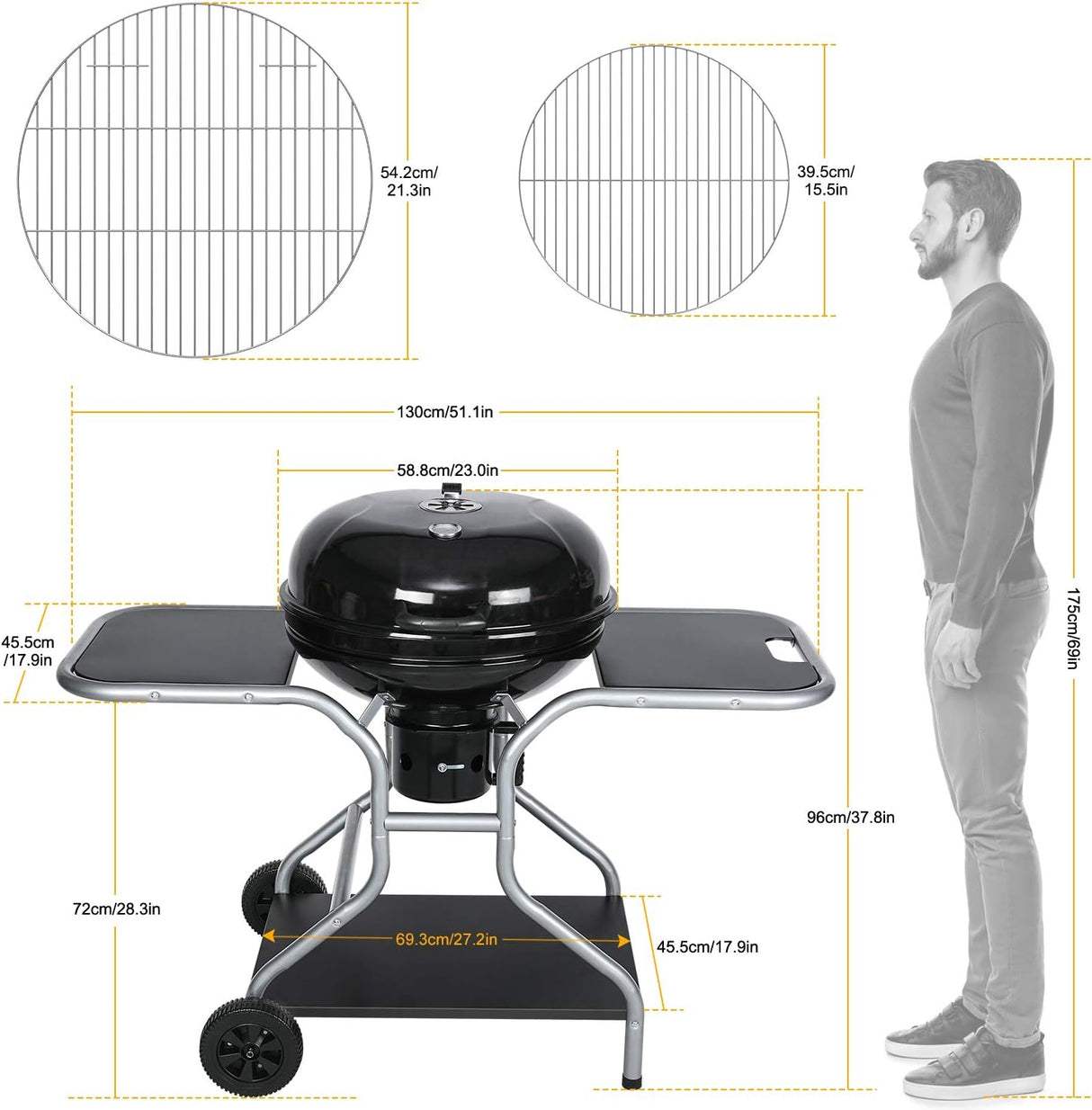 Charcoal BBQ Grill with Lid and Wheels – Outdoor Smoker 58 cm cooking surface