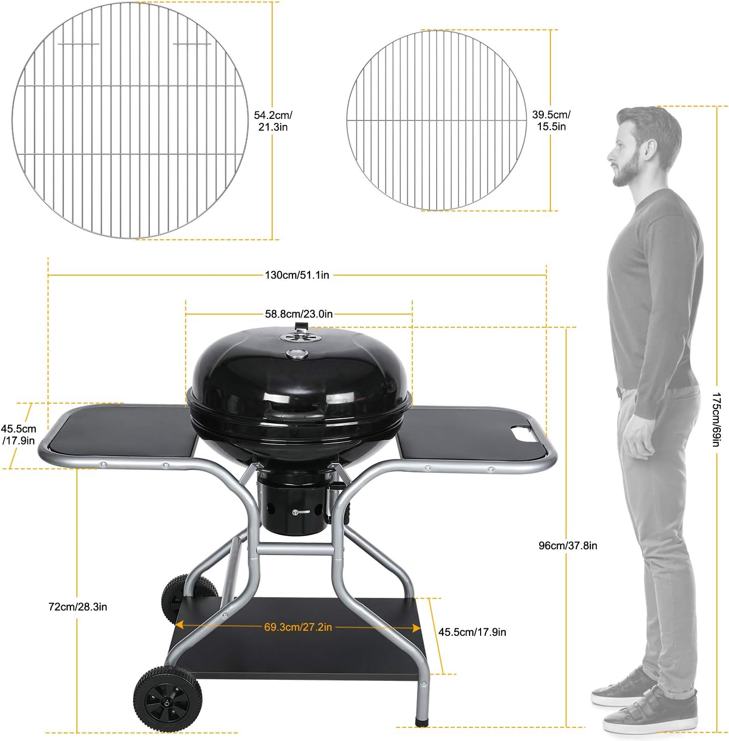 Charcoal BBQ Grill with Lid and Wheels – Outdoor Smoker 58 cm cooking surface
