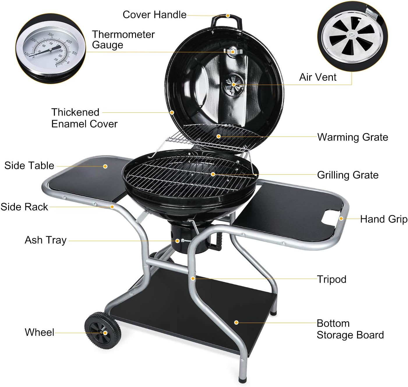 Charcoal BBQ Grill with Lid and Wheels – Outdoor Smoker 58 cm cooking surface