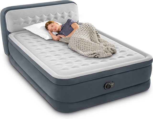 Intex Dura-Beam Deluxe 18 Inch Queen-Sized Air Mattress Comforting Bed with Built-in Electric Pump and Ultra Plush Supportive Headboard