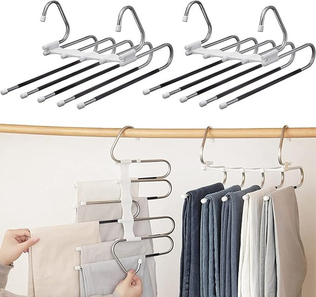 Trouser Hangers Space Saving 5 in 1 Non-Slip Multifunctional Trouser Stand Stainless Steel Foldable Magic Hanger for Trousers, Jeans, Clothes, Scarves, Towels
