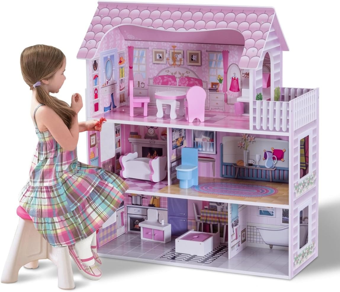 Pink Wooden Kids Doll House with Furniture Set