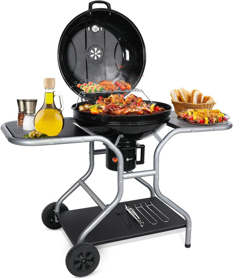 58 cm Charcoal BBQ Grill with Lid and Wheels – Outdoor Smoker