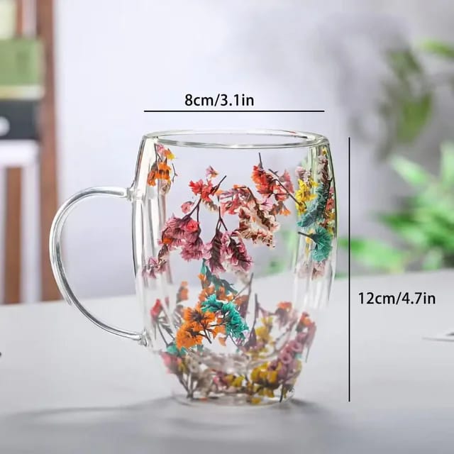 insulated Double Wall Glass Cup Dried Flower Coffee Cup with Handle Household Hot