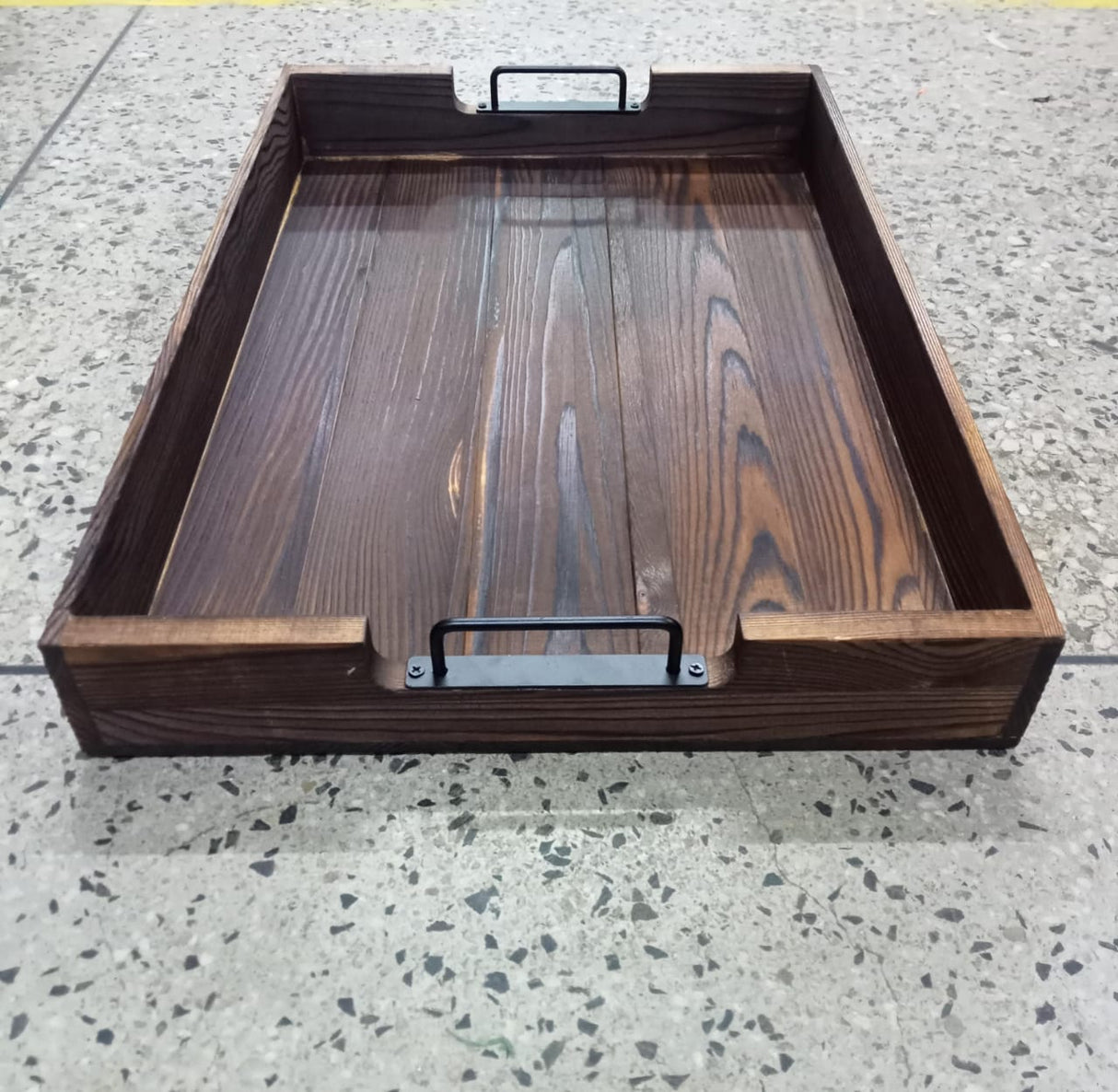 Fir wood serving tray with metal handle