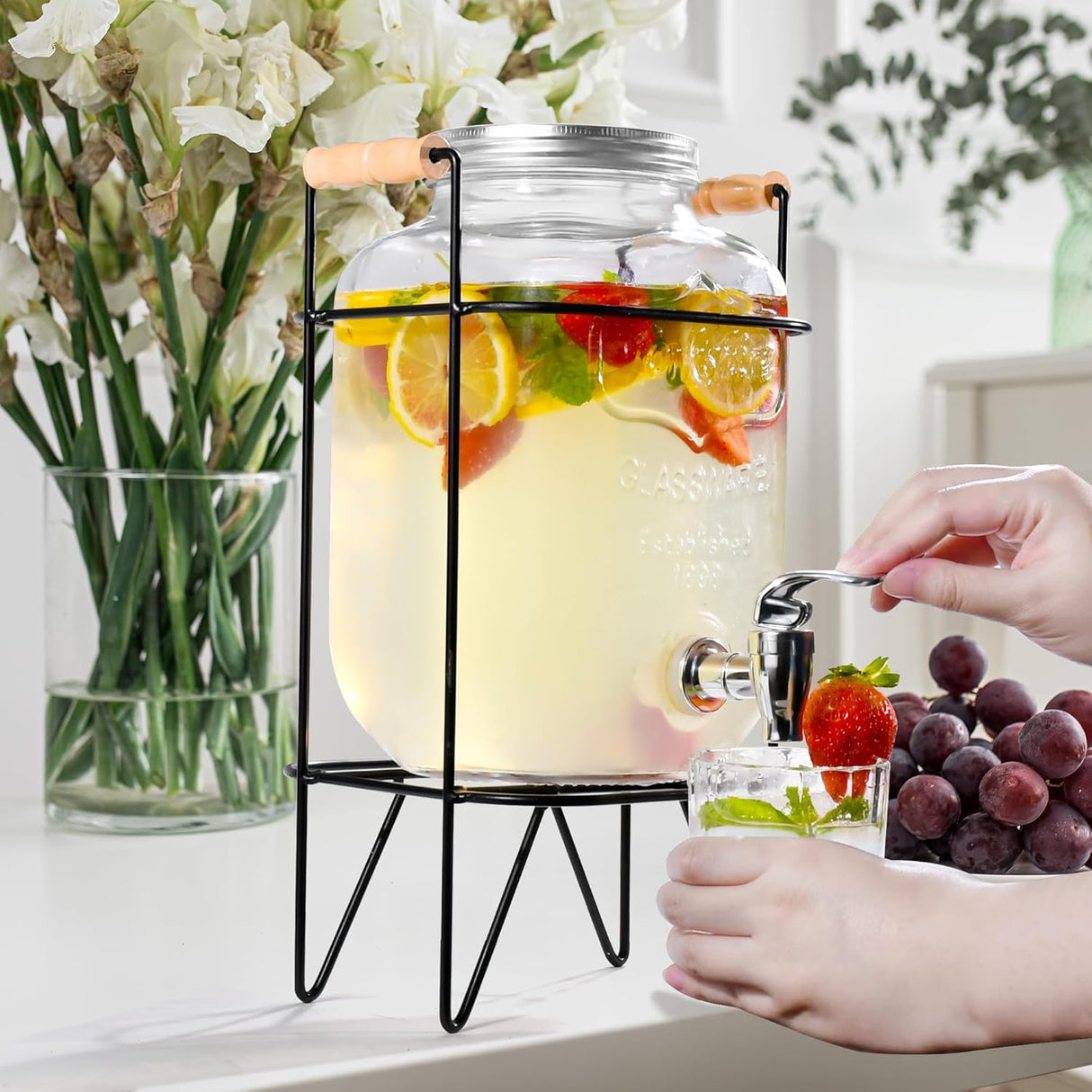 Glass Beverage Dispenser with Metal Stand & Wooden Handle – 8L Capacity