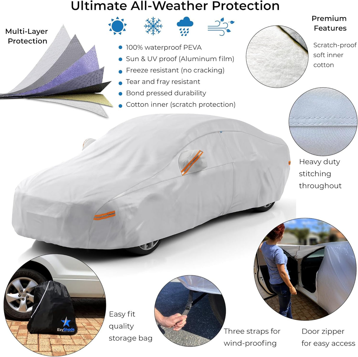 Car Cover Waterproof All Weather. See Vehicle Size-Chart for Accurate Fit.With door zipper