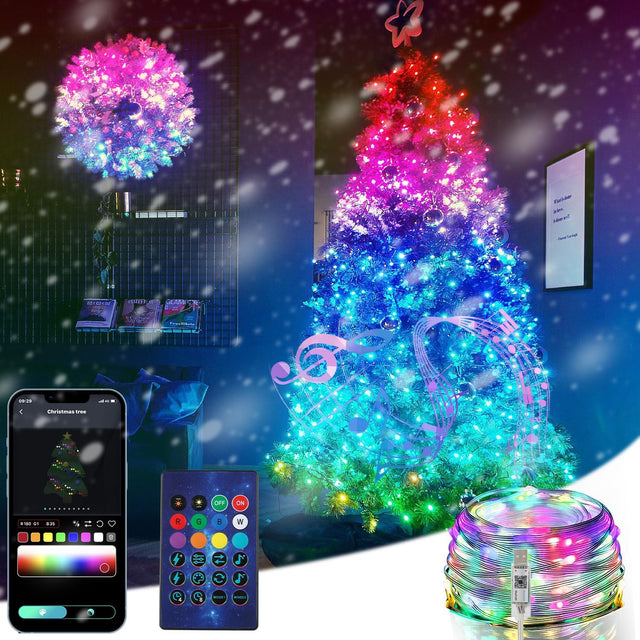Colorful LED string lights on a Christmas tree with remote control and smartphone app.