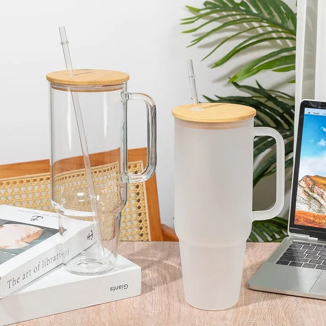 Borosilacate Bamboo Drinking Glass Cup/Tumbler with lid + Straw